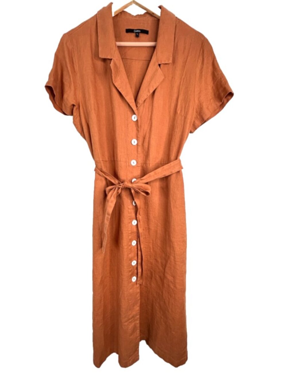 Quince 100% European Linen Button Front Midi Dress L Terracotta Pockets Belt - Picture 2 of 10